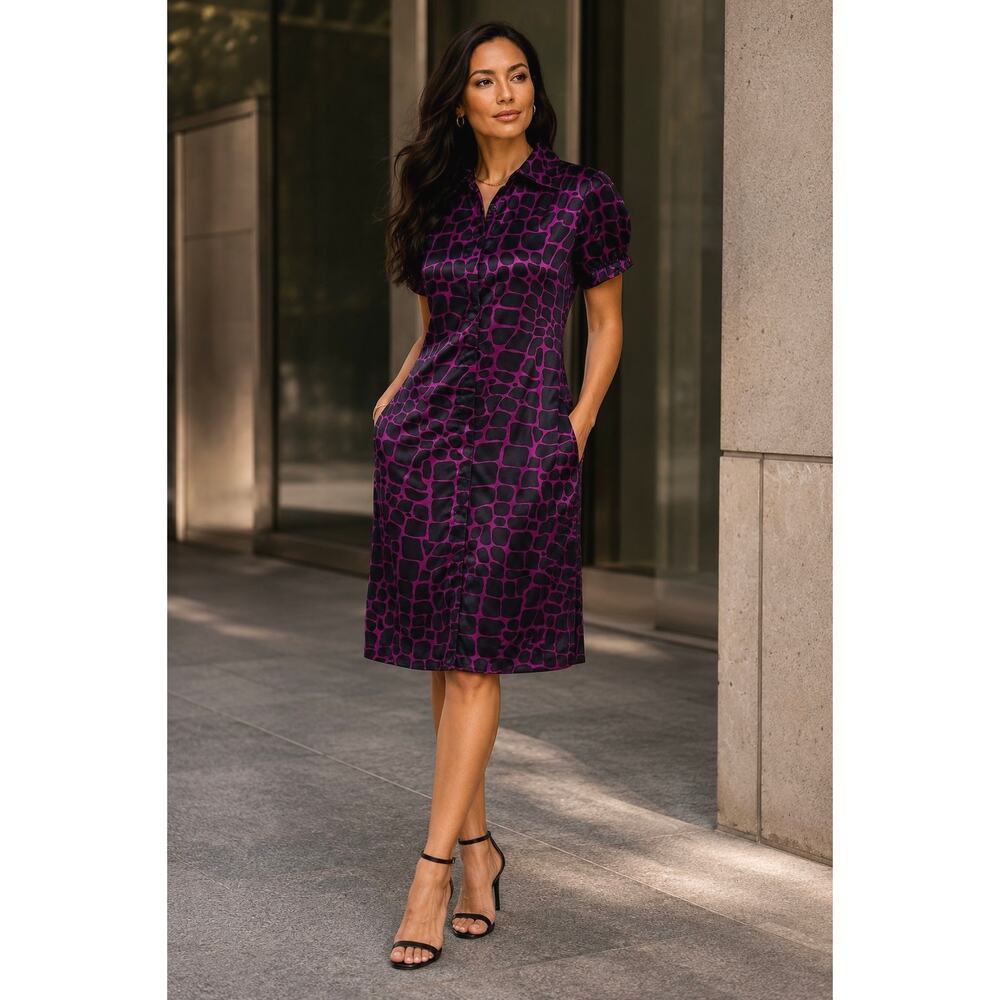 INC International Concepts Petite Silk Shirt Dress Purple Black Print 12P Belted